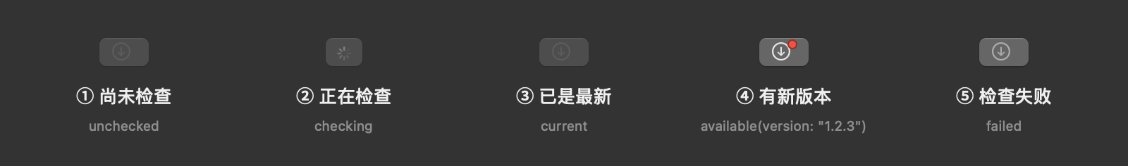 更新按钮的五种状态：尚未检查、正在检查、已是最新、有新版本、检查失败